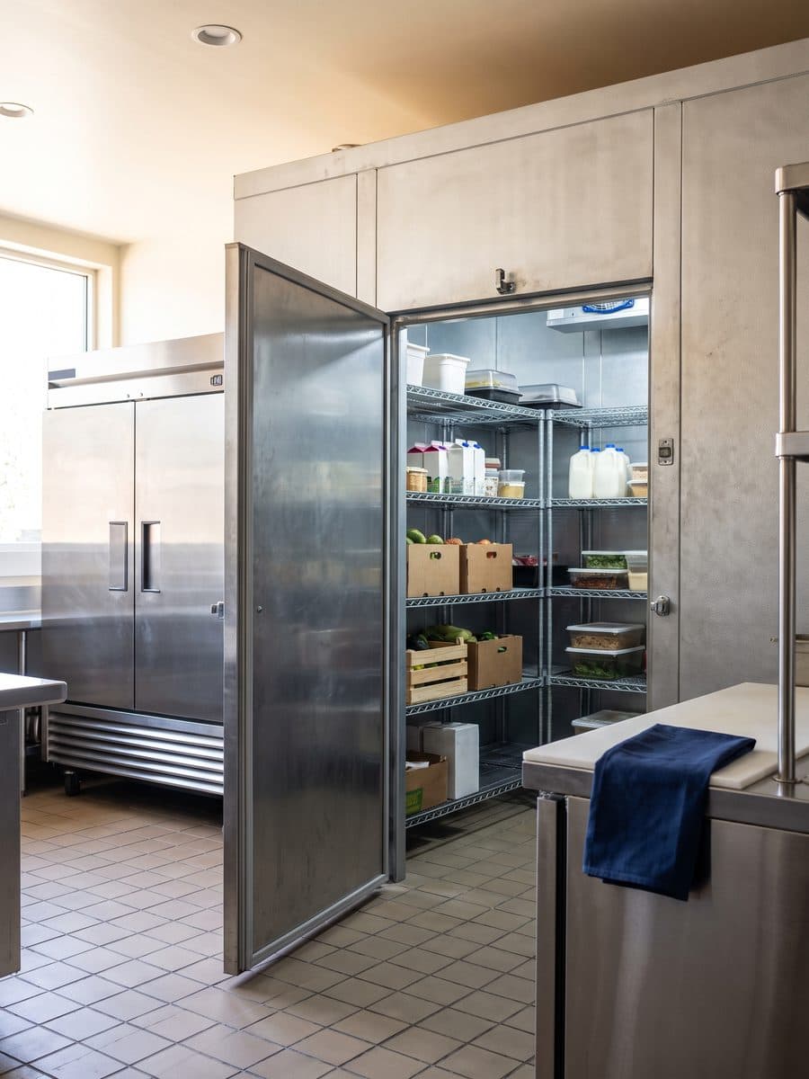 Open walk-in cooler next to a two-door reach-in refrigerator