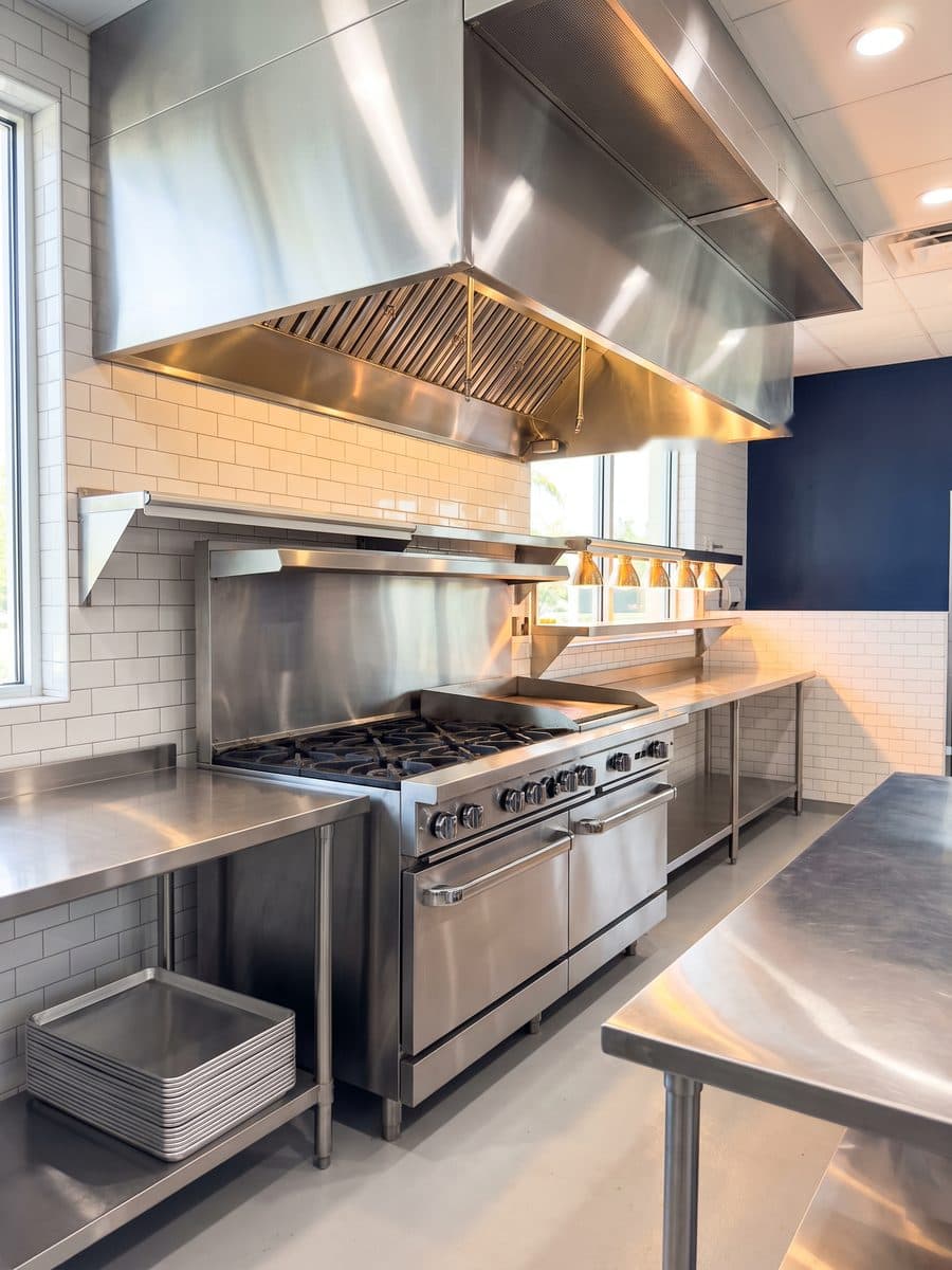 Restaurant hot line with a commercial gas range under a stainless hood