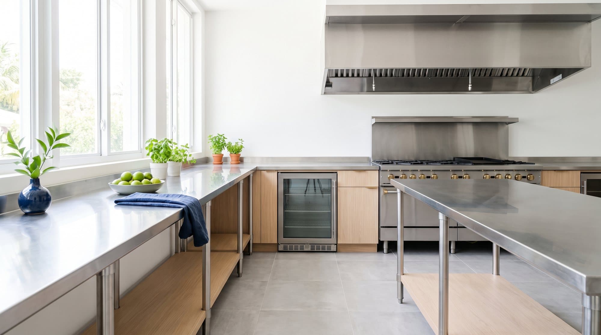 Clean commercial kitchen with stainless prep tables and a range