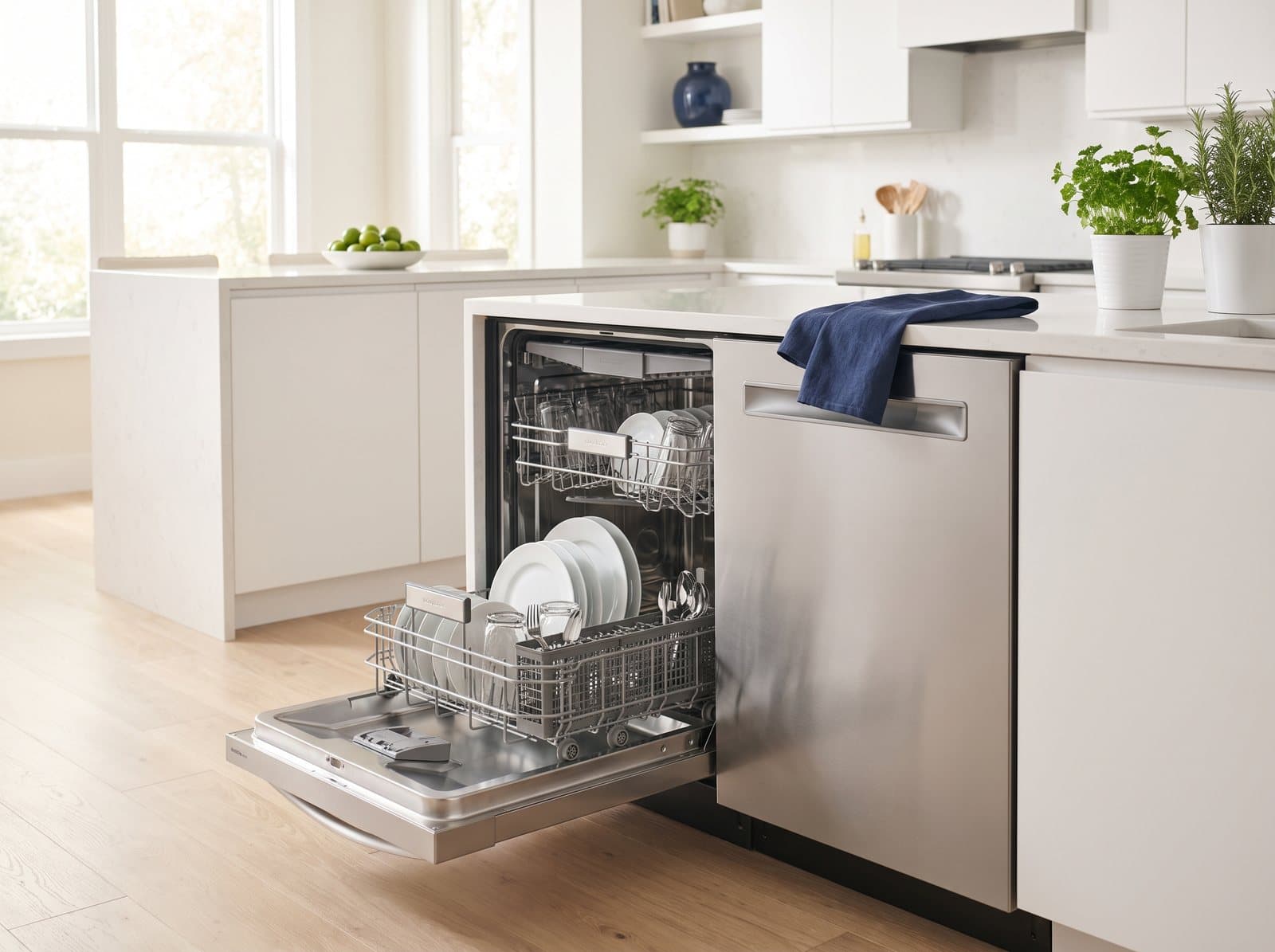 Stainless dishwasher with the rack pulled out