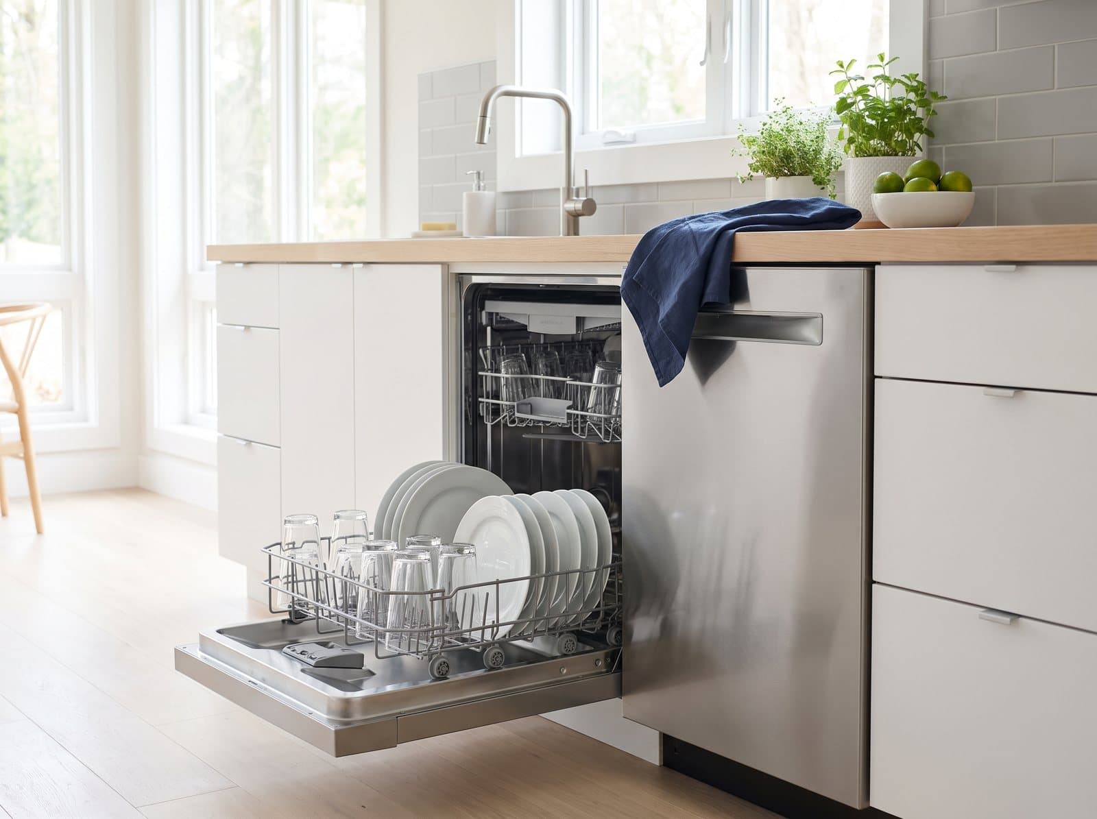 Open dishwasher with clean plates and glasses