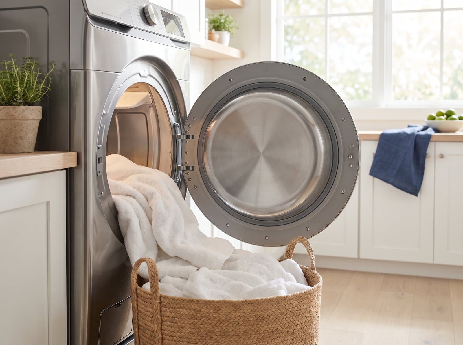 Open dryer with fresh towels in a basket