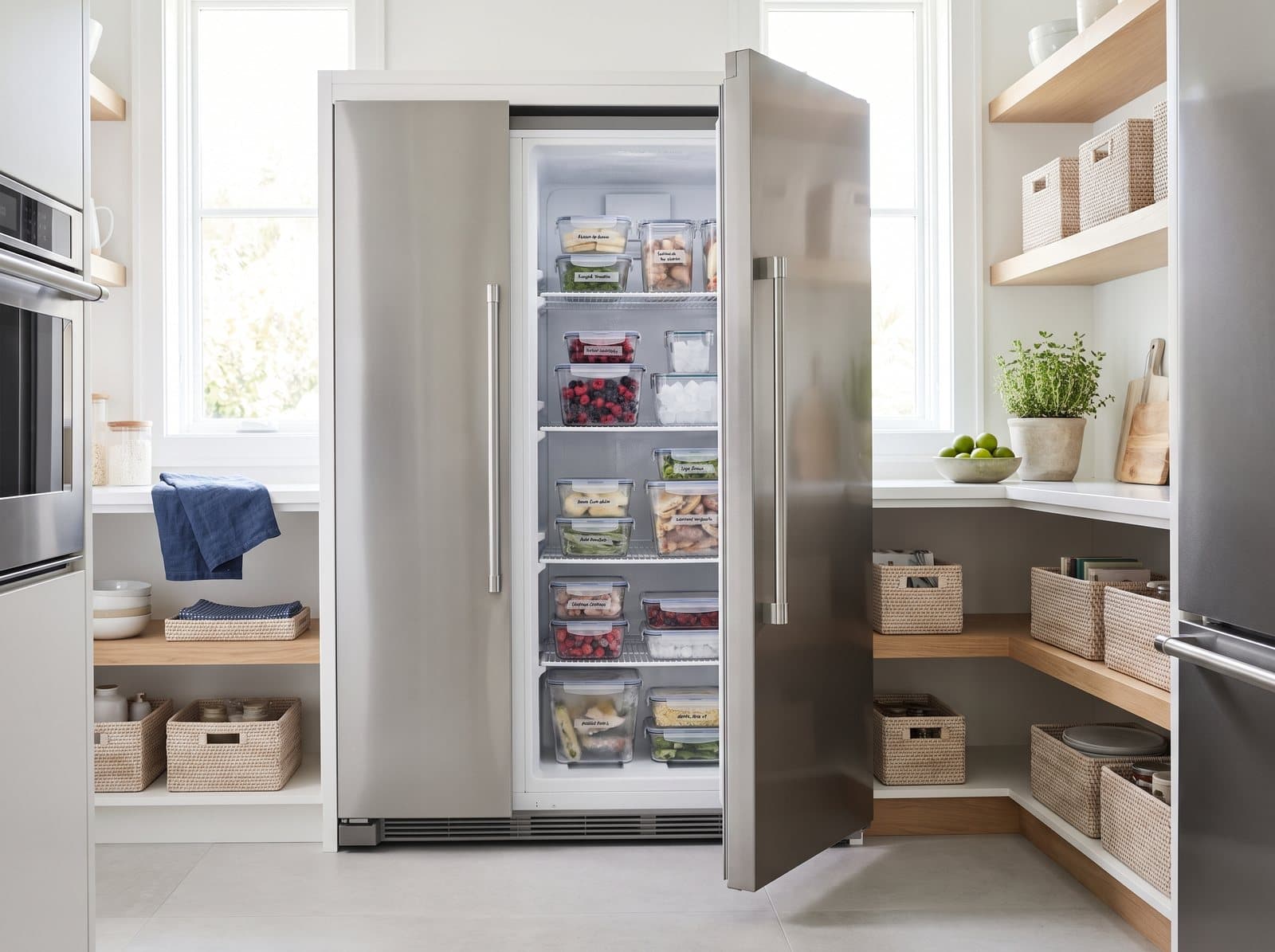 Open upright freezer in a bright pantry
