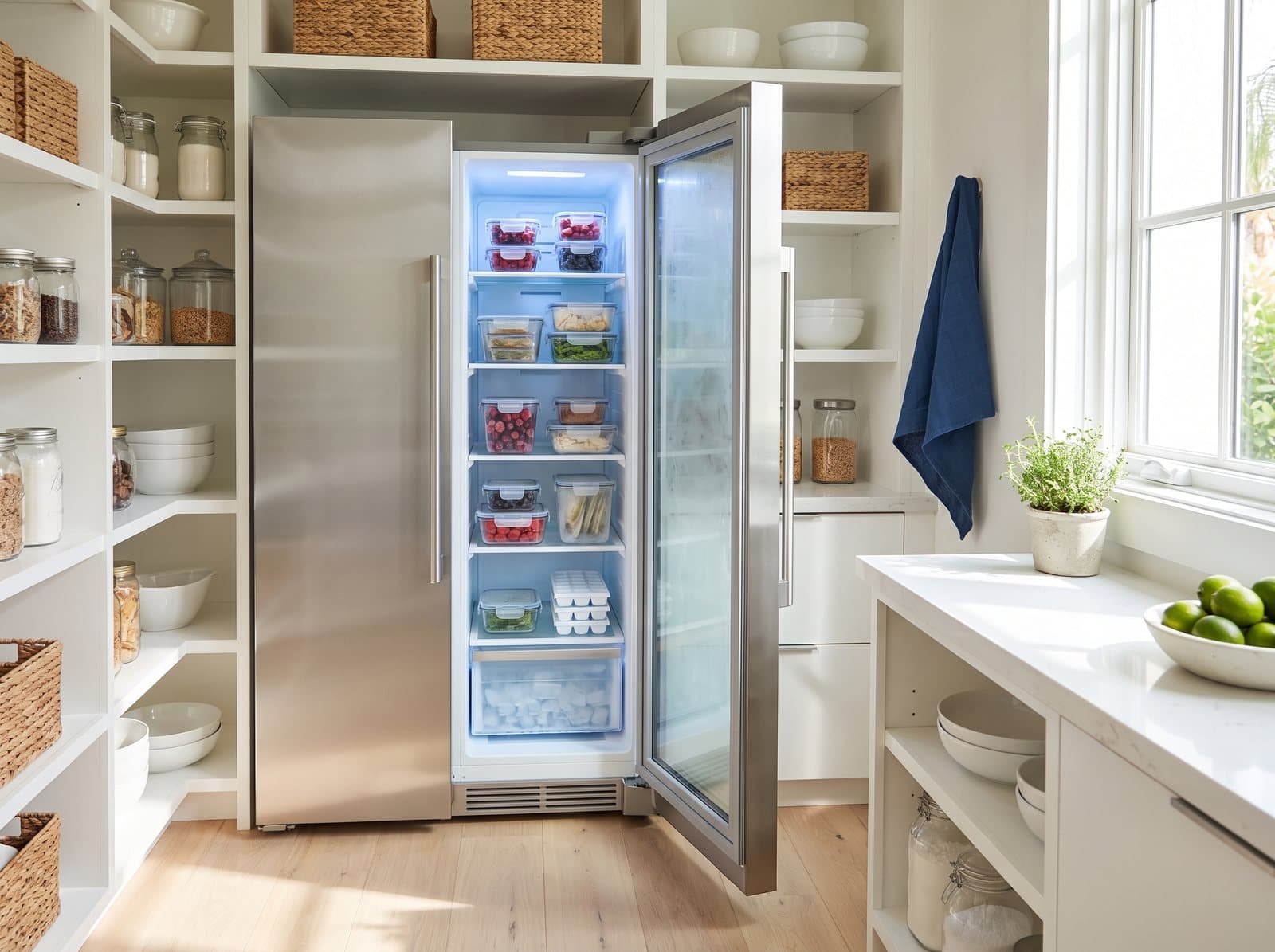 Upright freezer packed with neatly stored food
