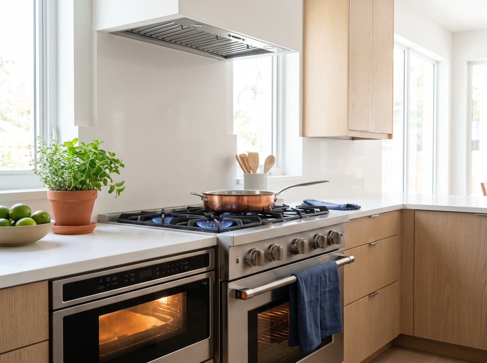 Gas range with blue flames and an oven glowing in a bright kitchen