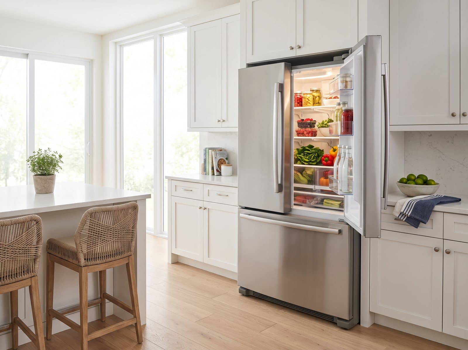 Stainless French-door refrigerator with fresh food on the shelves