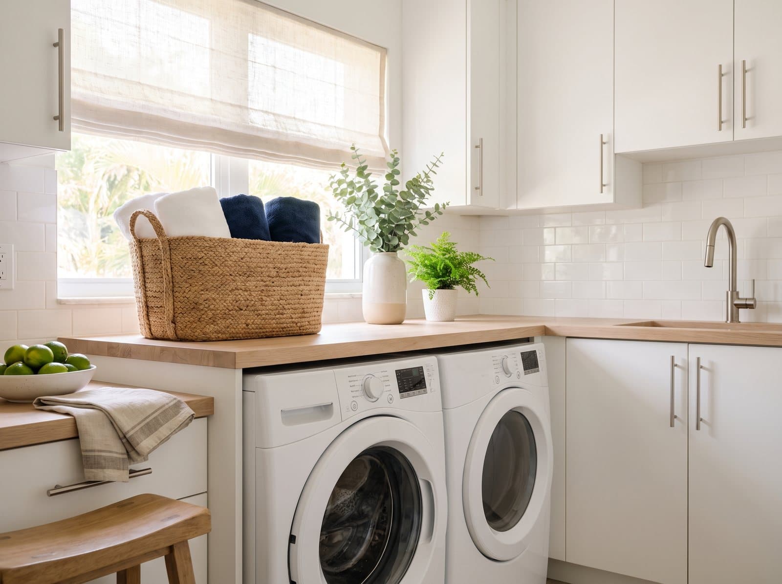 Laundry room with a front-load washer and folded towels