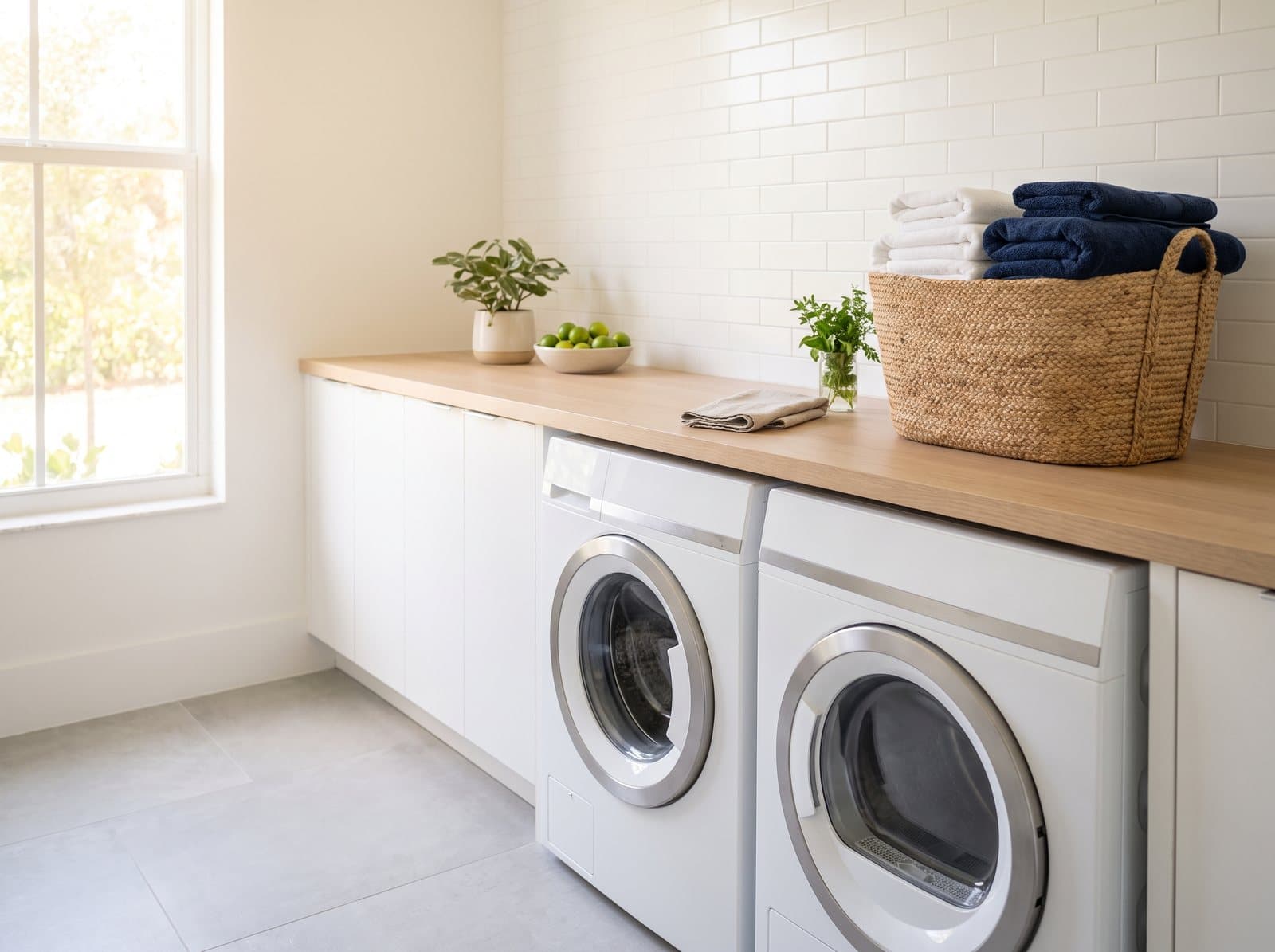 Front-load washer and dryer in a bright laundry room